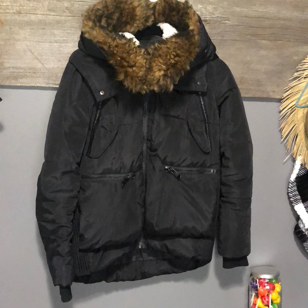 Black faux fur hooded puffer coat